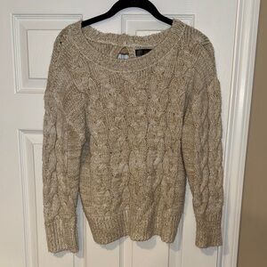 JJ Basics cable knit bow sweater with gold metallic
